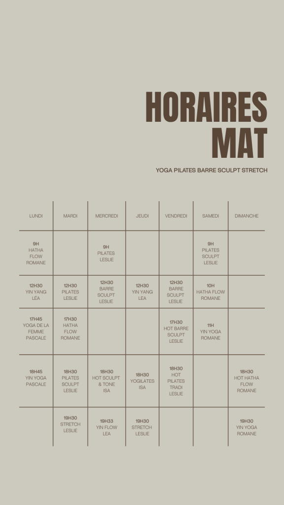 PLANNING PILATES REFORMER MAT SCULPT YOGA YIN YOGA HATHA FLOW YOGA DE LA FEMME