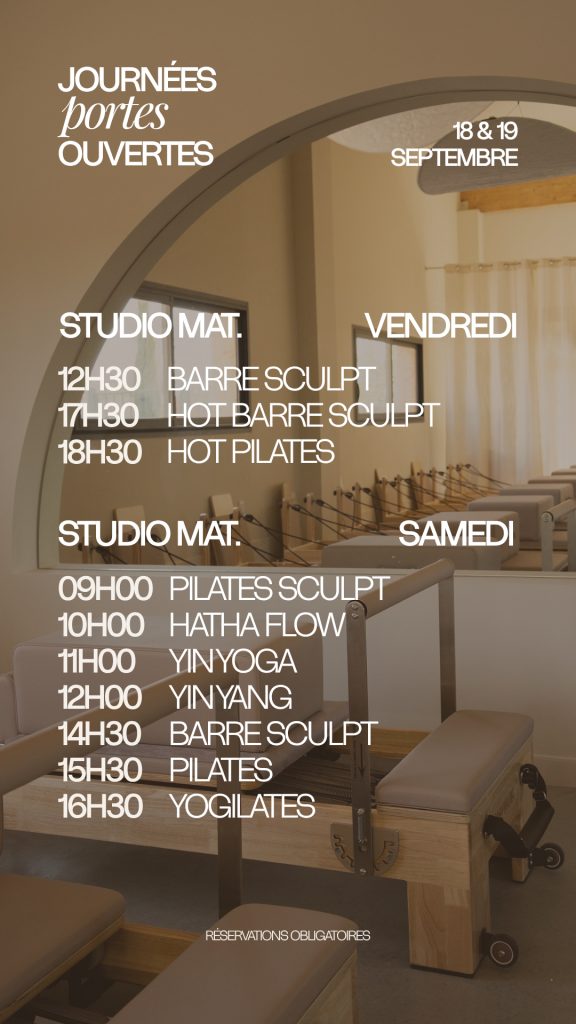 Le planning des journées portes ouvertes pilates mat yoga barre sculpt yogilates