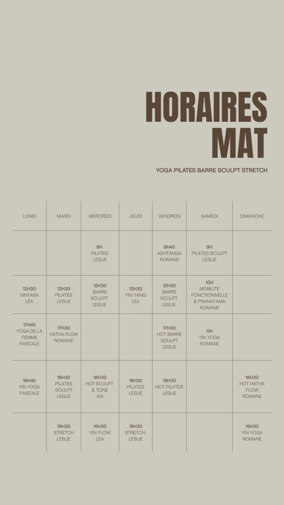 PLANNING PILATES REFORMER MAT SCULPT YOGA YIN YOGA HATHA FLOW YOGA DE LA FEMME